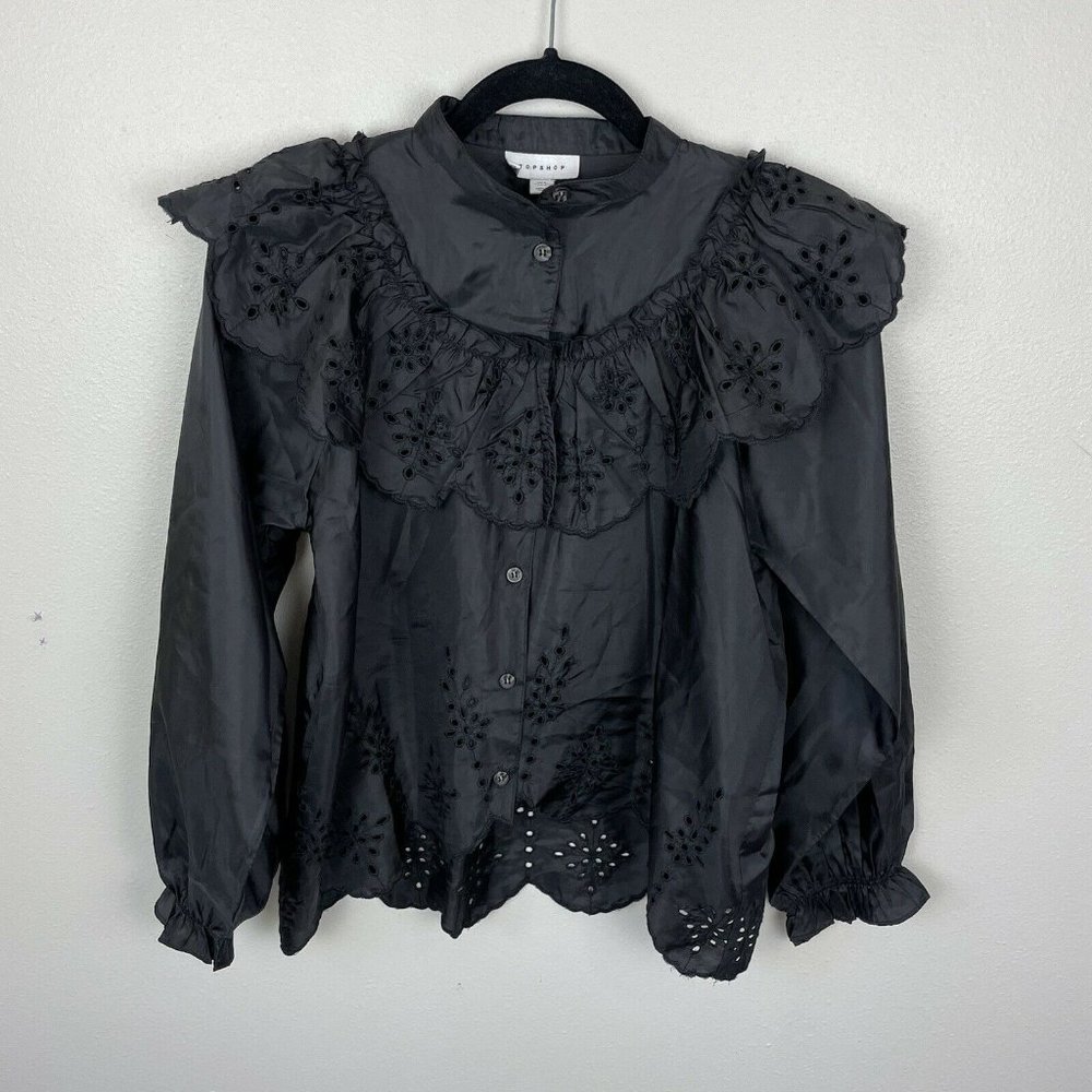 Topshop Frill Ruffle Eyelet Cutout Long Sleeve Button Up Top US Size 4 Black